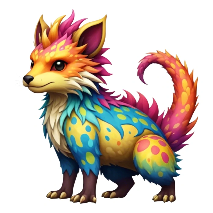 a colorful edgy vernid-fionbri-creature with splash patterns full body sticker