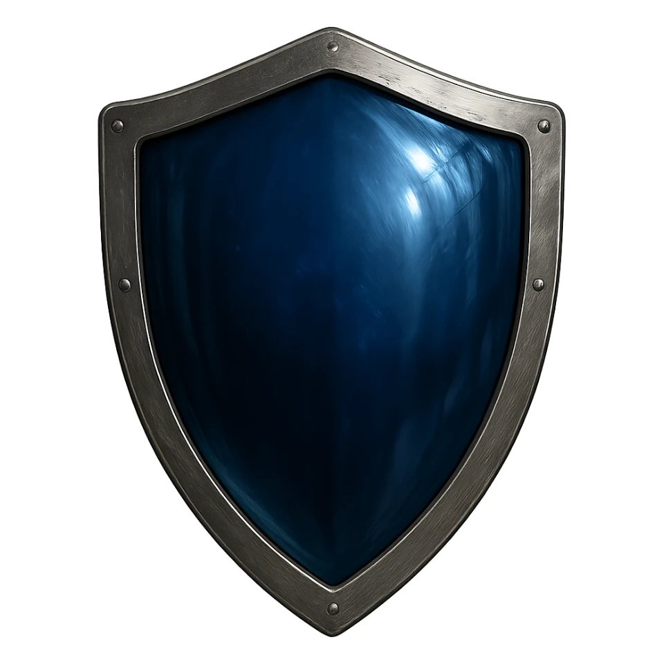 shield facing directly forward with a deep blue shiny glass-like center, metallic border, no point in the middle of the top, no symbols, no sword, transparent background, match the style of a reference image sticker