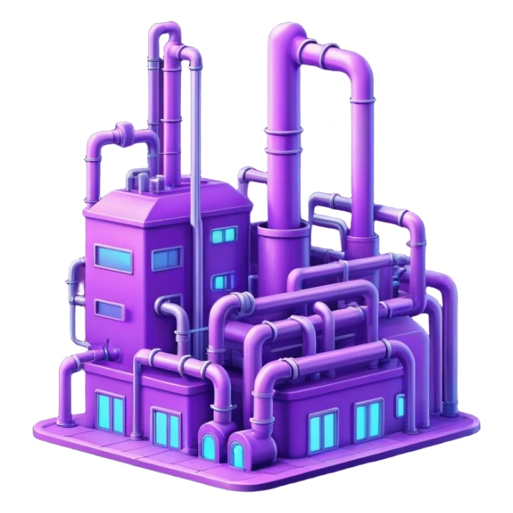 AI-powered factory. It should be a building with pipes. Add violet neon glowing symbolizing power of AI sticker