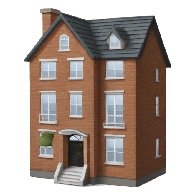 two floor house made of bricks, with dark grey windows and roof sticker