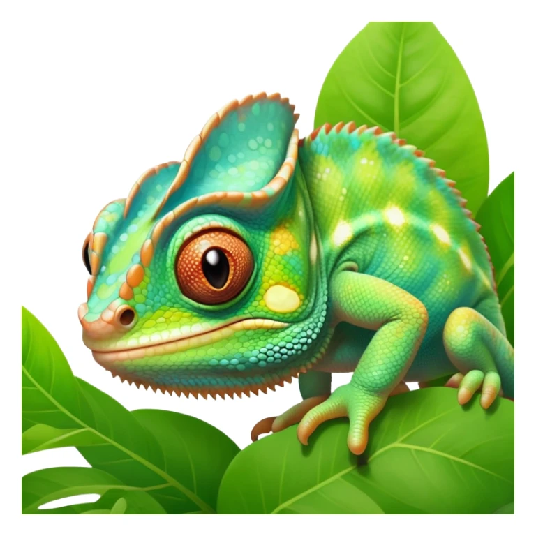cinematic cute-smiling baby chameleon-realistic emoji,-blending-with-vibrant-greenery.-detailed-scales-in-shifting-colors,-showing-the-chameleon’s-ability-to-camouflage.-soft-natural-light-highlights-its-texture.-light-background, zoomed into its face sticker