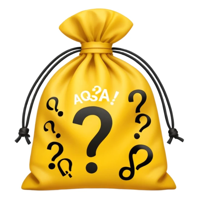 tied bag printed with q&a overstuffed with yellow question marks sticker