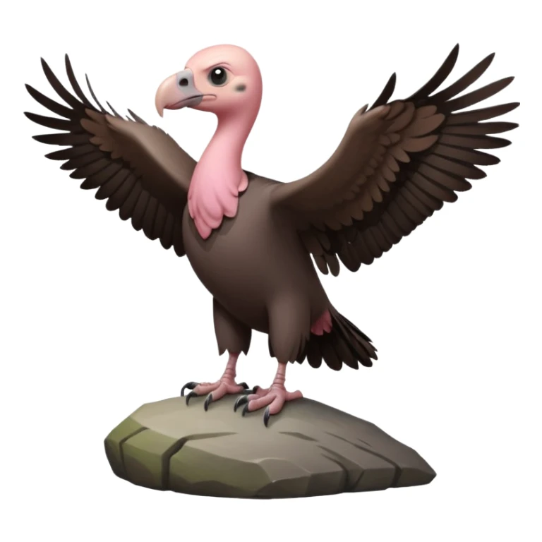 a vulture — large bird with dark brown feathers, bald pinkish head, curved beak and sharp eyes — standing proudly on a rock — wings slightly open — realistic yet cute cartoon emoji look, clean lighting, soft shadows. sticker