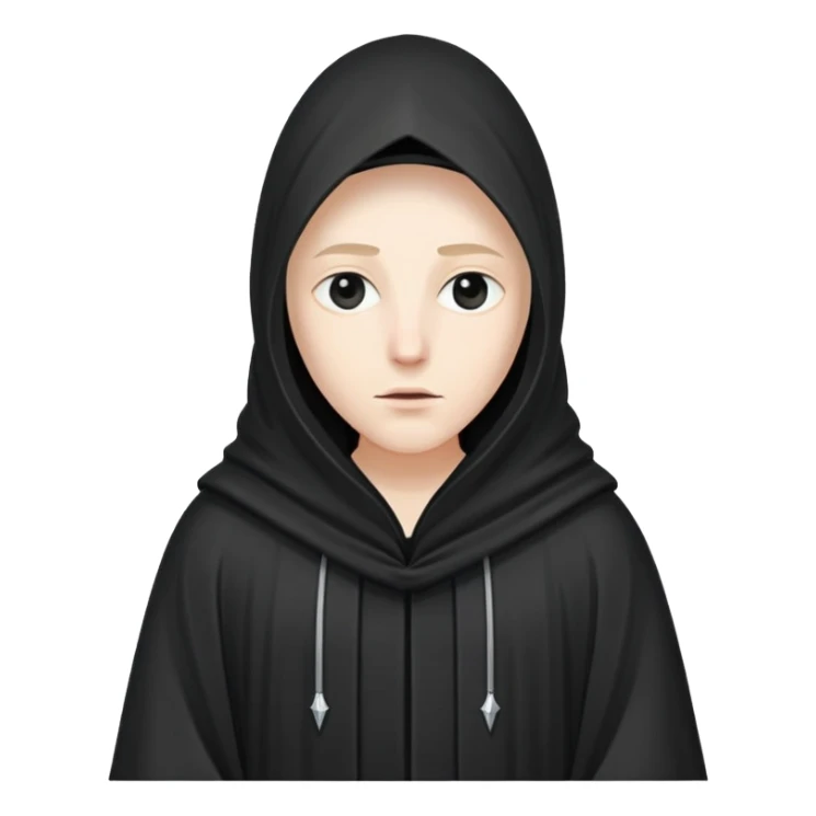 A person wearing a long white or black robe with a tall, pointed hood that fully covers the head and face, except for small eye hol sticker
