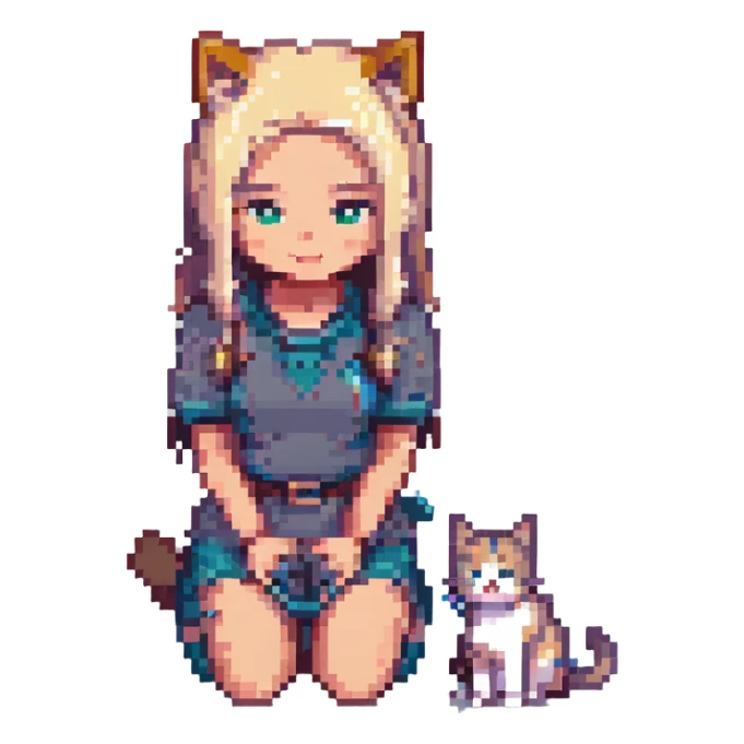 Replace the girl with the one in the reference image, keeping the pose: girl kneeling beside a gray and blonde mixed cat, pixel art style, with no background. sticker
