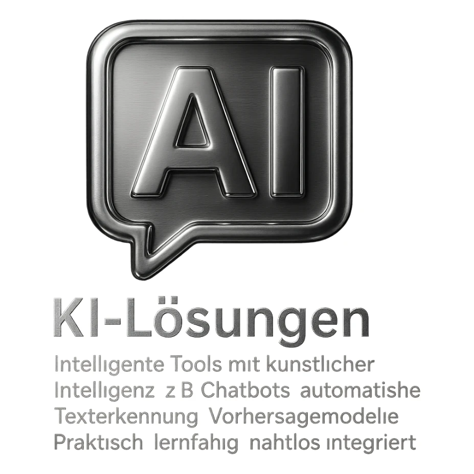 KI-Lösungen – Intelligente Tools mit künstlicher Intelligenz, z.B. Chatbots, automatische Texterkennung, Vorhersagemodelle. Praktisch, lernfähig, nahtlos integriert. Use colors #3B2C85, #83fff8, #2C2828. sticker