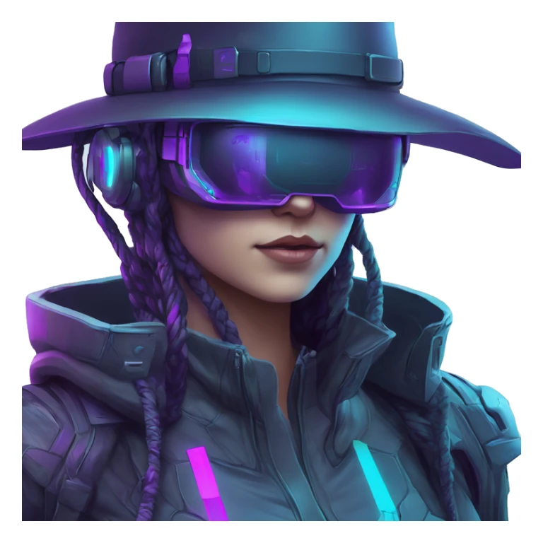 Secret human agent in a hat with  cyberpunk elements in VR googles scanning looking reviewing multicolor lines of code, cyan and purple colors, only upper body portrait sticker