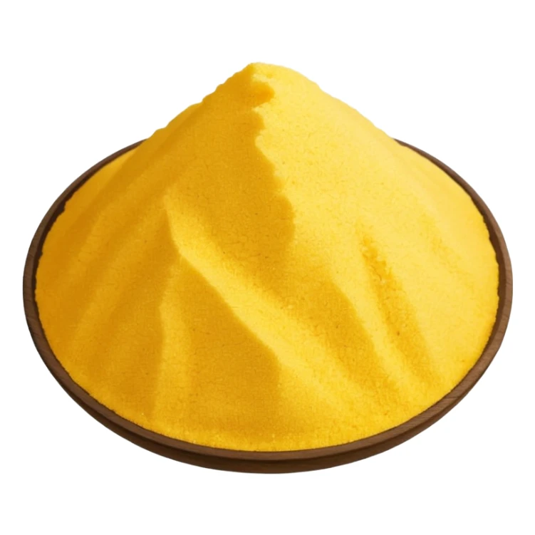 loose scatter or mound of cornmeal, bright yellow, coarse grainy texture, matte, irregular grains, rustic and vibrant, no bowl or packaging, just the cornmeal, soft lighting, transparent background, emoji scale sticker