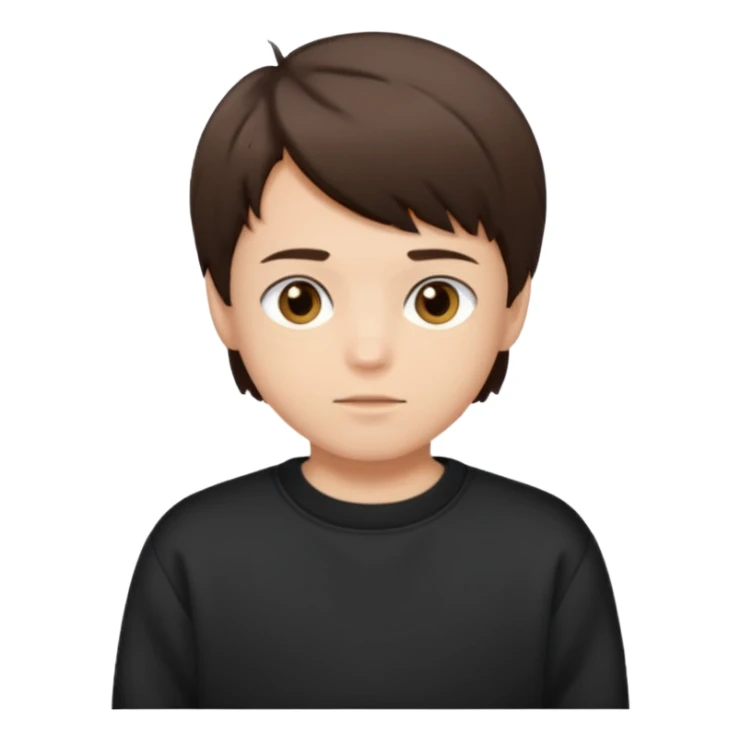 A brunette boy, short straight hair, light brown eyes, with a black sweatshirt sticker
