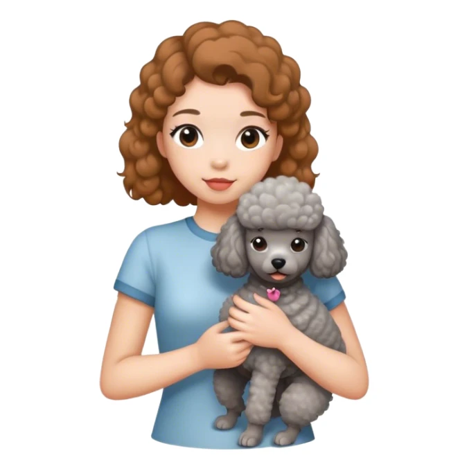 A girl with caramel brown ponytail holding a grey poodle sticker