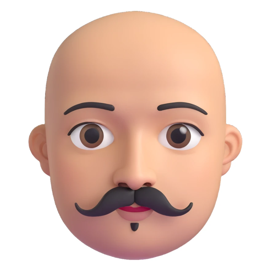 Bald man with smooth oval head, indigenous facial features, 37 years old, with only a mustache and thin beard connecting chin to lips, memoji style sticker