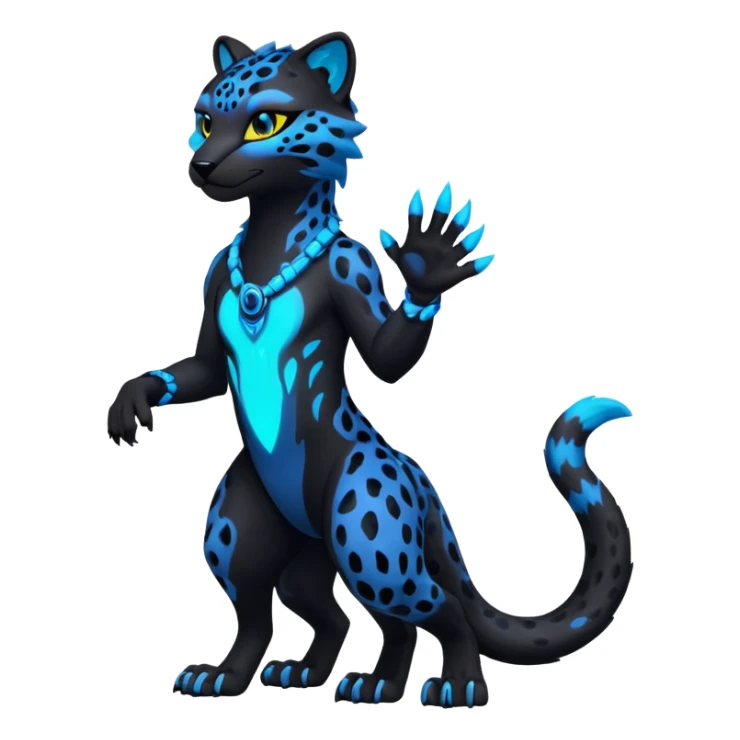 Realistic Obsidian-pitch-black fur body with neon-glowing-blue ring-markings Grem2-Gremz-Cheetah-Sergal-fusion, full body  sticker