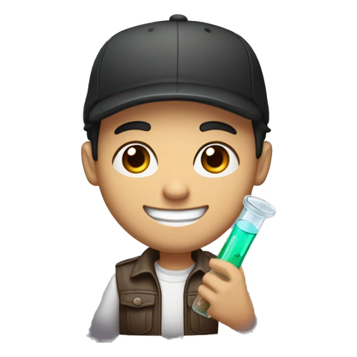 "Light-skinned Latino male with short black hair, wearing a backward cap. Brown eyes, slightly thick lower lip, smiling. Holding a test tube in one hand and a video game controller in the other. Cartoon style sticker