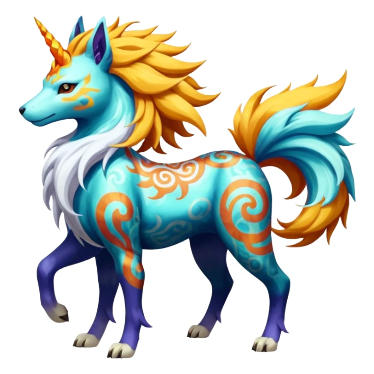 Graceful Divine Loyal Merciful Marked Patterned Colorful Painted Oriental Asian Patterned Tropical Exotic Toxic Suicune-Solgaleo-Rapidash-Arcanine-fusion-hybrid-creature (full body) sticker