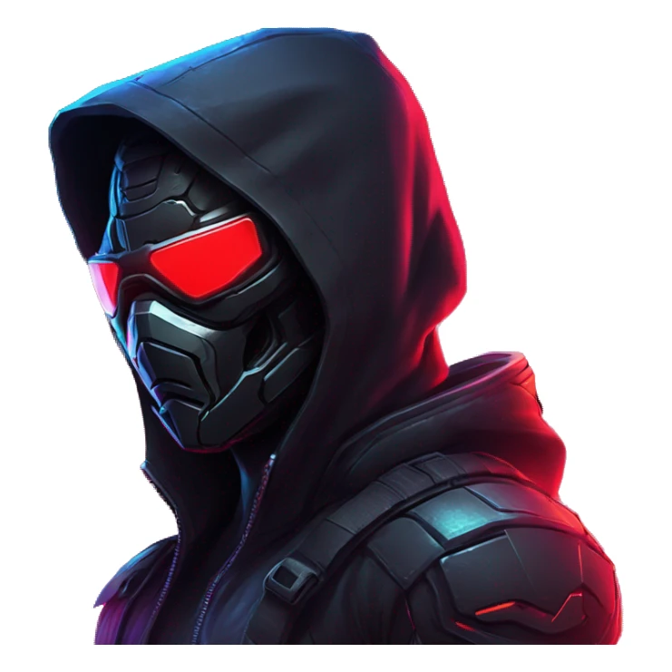 developer behind his laptop with this style : crysis Cyberpunk Riot Games Valorant neon glowing bright red character red dark black hooded assassin themed character sticker