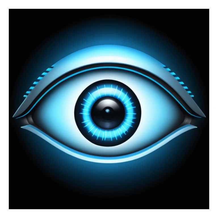 A mysterious AI eye glowing in the dark, cyberpunk style, black background sticker