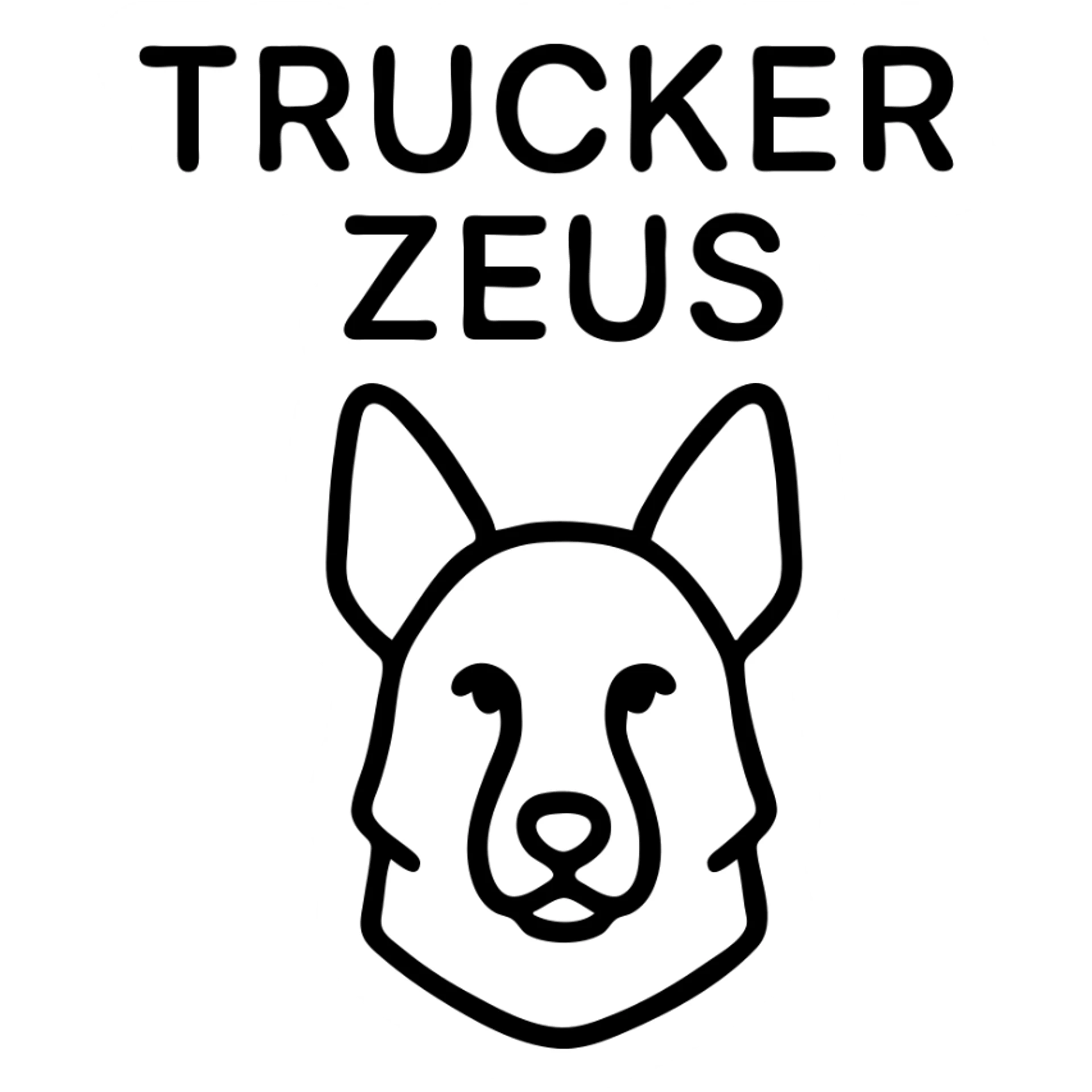 dark German Shepherd with 'Trucker Zeus' above, modern outlined icon style, text prominent sticker