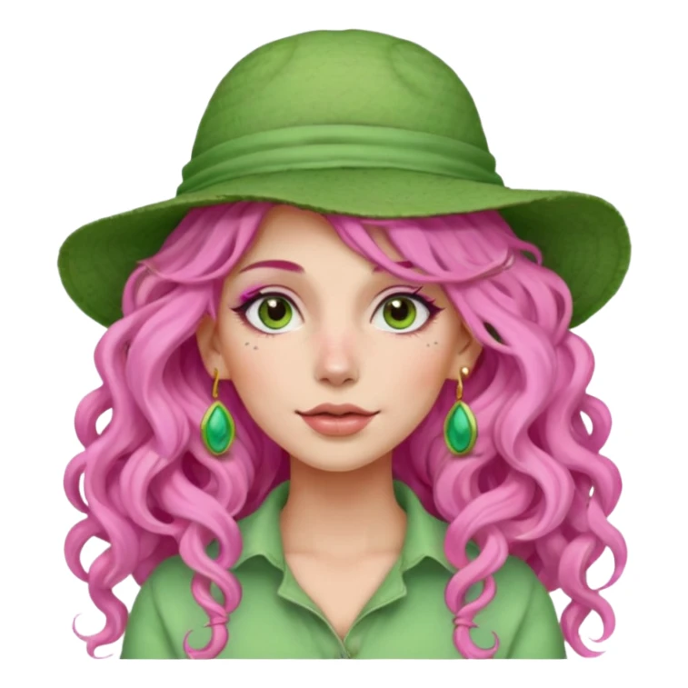 pink haired very long curly haired woman with full full face light green clay mask  and big earrings and hat sticker