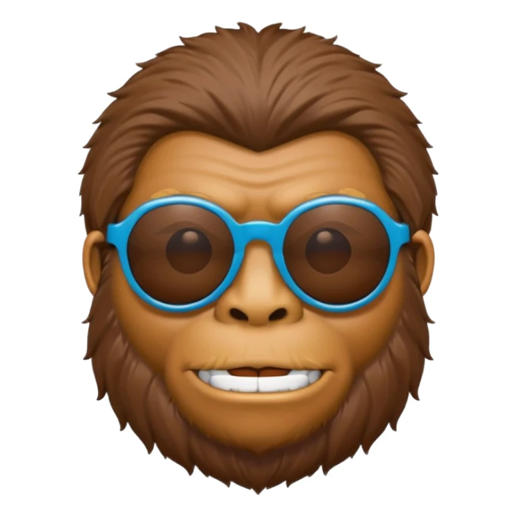 Bigfoot emoji wearing sunglasses, apple emoji style, round face, simplified features, bright colors sticker