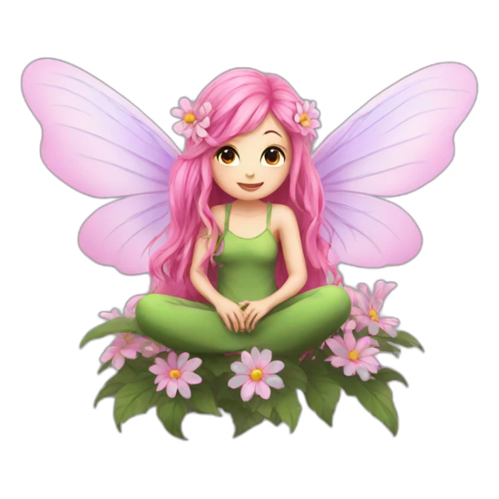 long pink hair fae with wings sitting on flower sticker