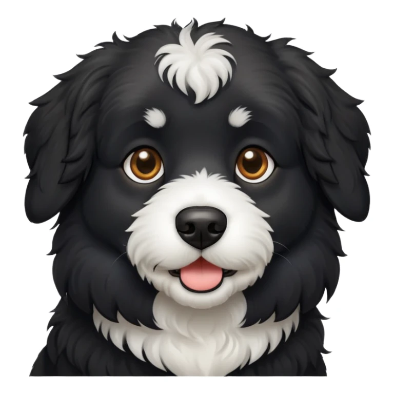 black dog with slightly curly hair and a white chest sticker