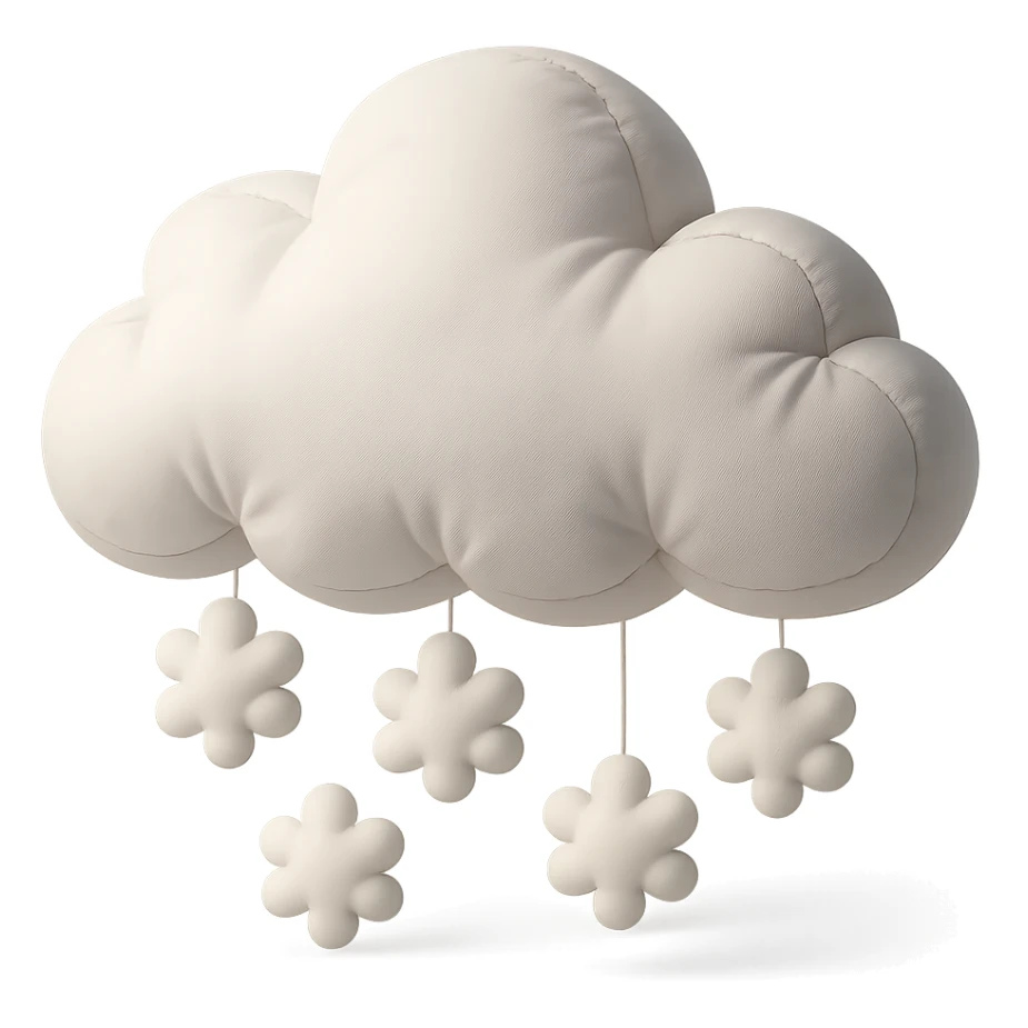 plush snow cloud with falling snowflakes, soft edges, cute and soft, cushion style sticker