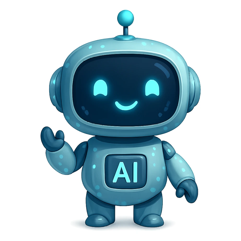 a cute robot with digital features, symbolizing AI, friendly and futuristic sticker