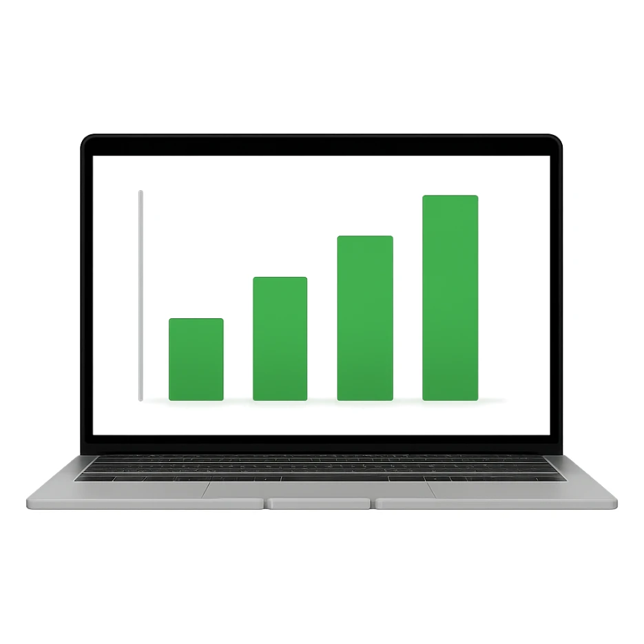 Remove the background, keep only the MacBook with green bar charts on the screen sticker