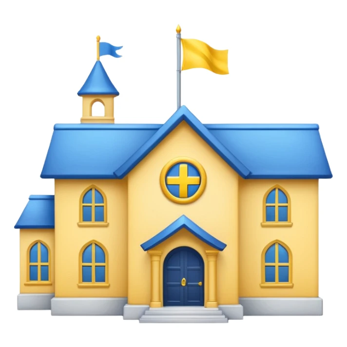 white background, magic school, with a flag, flag on a roof, yellow flag, white maigc school, blue roof sticker