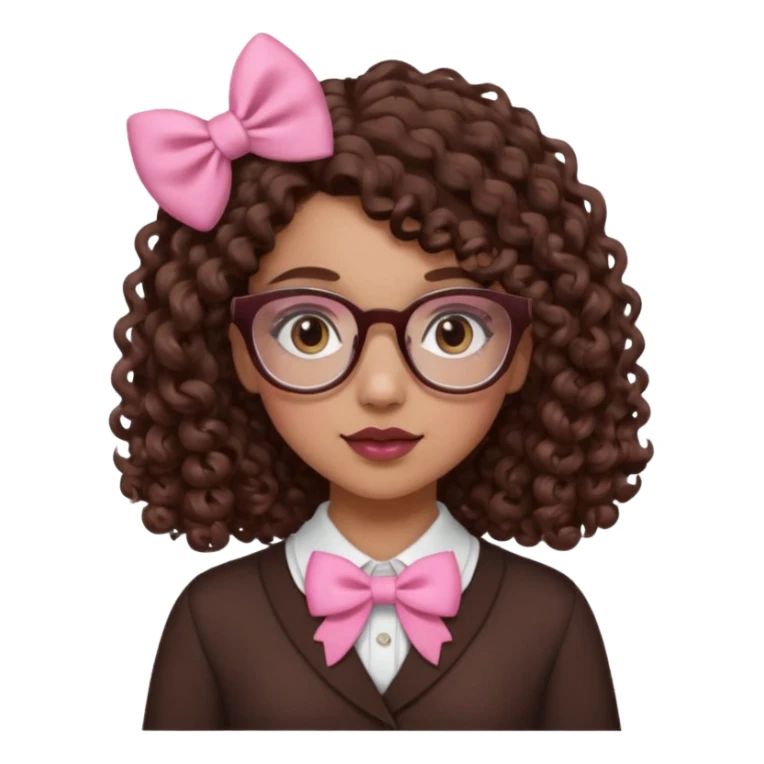 medium-lightskin girl with medium length chocolate brown side part curly hair, pink and white bow on the side, with brown glasses, brown eyes, noes piercing sticker