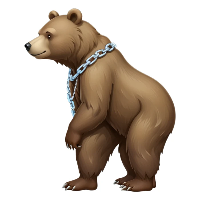 Full-length realistic bear on all four legs in walking position, medium brown color, stern face, head to tail view, ice chain necklace sticker
