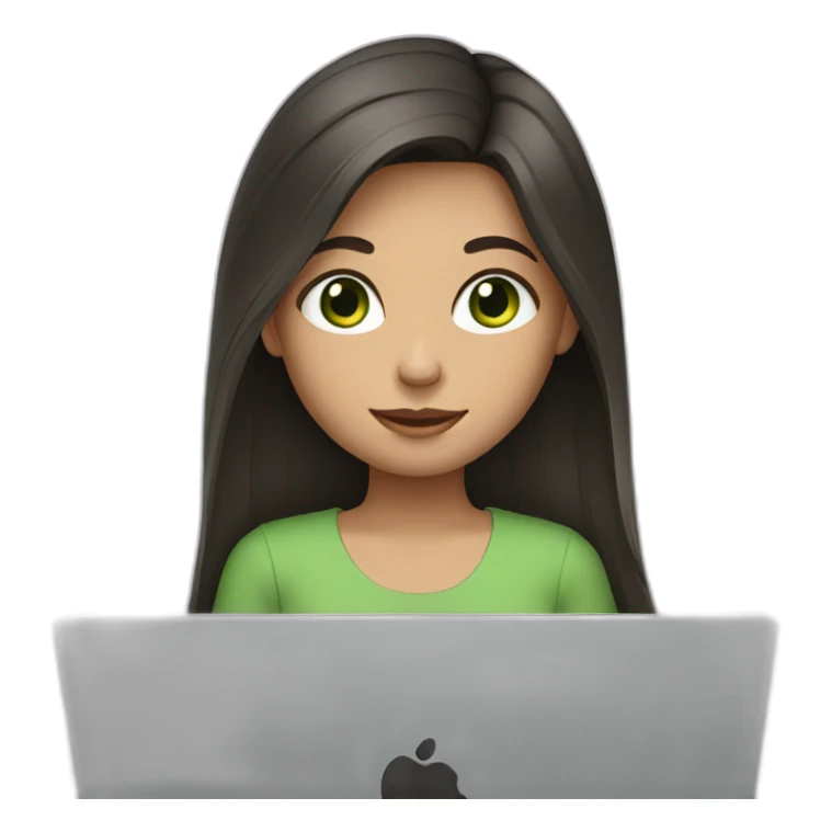 Girl with long dark hair, green eyes and laptop sticker