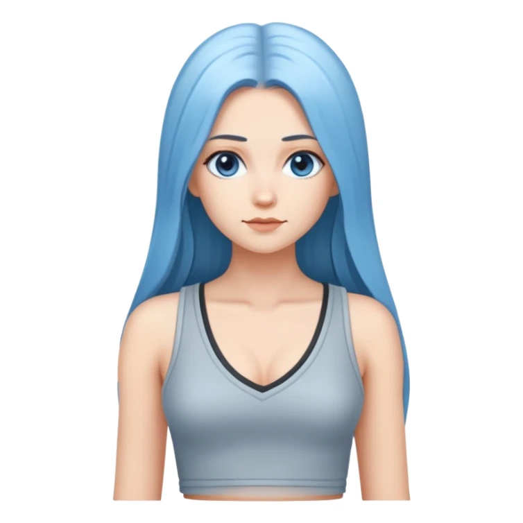 hyperrealistic caucasian, deep sky blue long straight hair, white deep v-neck crop tanktop, gray tight mini skirt sticker