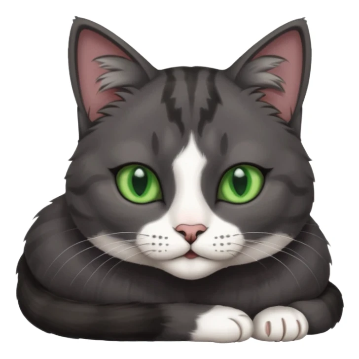 beautiful female solid dark grey cat with green eyes, white toes/paws and white patch on her chest lying down sticker