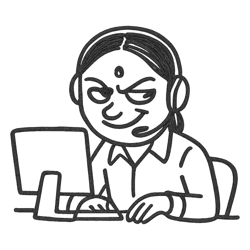 hand-drawn black outline of an Indian call centre worker with a headset, looking sneaky, at a desk sticker