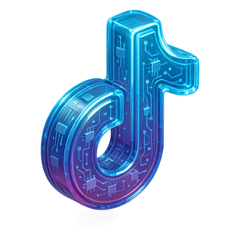Futuristic TikTok logo, glossy circuit style, luminous blue highlights, transparent background sticker