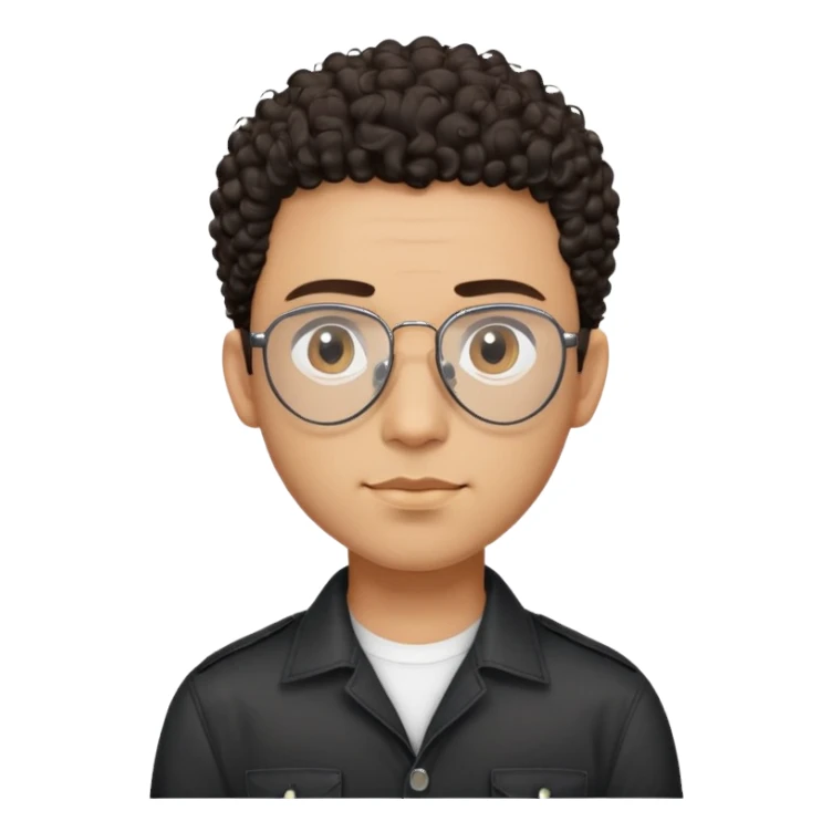 Man with small face and prominent forehead, teardrop-shaped aviator glasses, very minimal dark curly hair on top with completely shaved sides, light brown complexion, gentle expression, black button-up shirt sticker