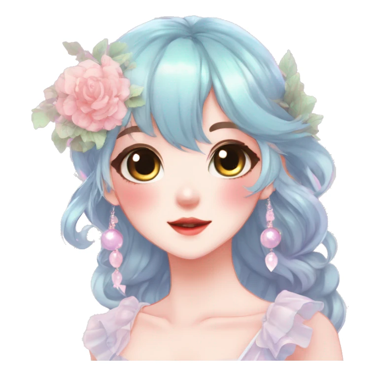 Gorgeous anime style lady with blushing face and accessories cottagecore fairycore Kawaii anime colorful pearly romantic aesthetic trending style sticker