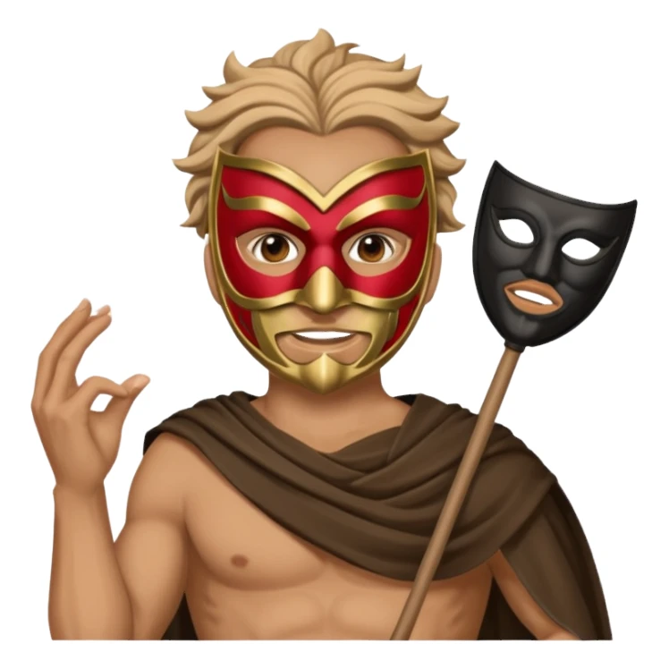 Greek thespian in full costume with a mask holding a prop sticker