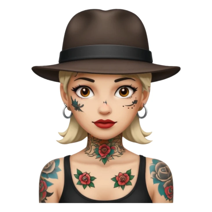 tattooed female with a hat sticker