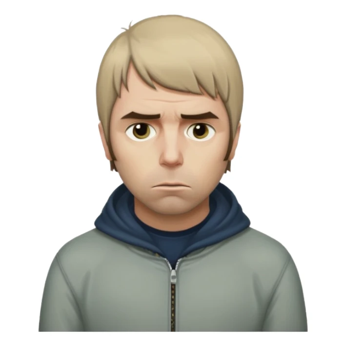 Liam Gallagher sitting alone, looking down, sad mood, emoji style sticker