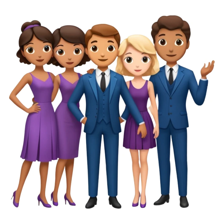 A theater set containing three couples, a suit and dress pair, a philosophy professor and dance teacher, and a young French couple, bufo model sticker