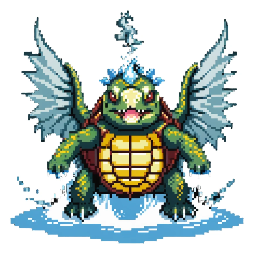 Spiky-shelled turtle with dragon wings, sharp fangs, and dangerous claws, firing a jet of water and steam from its mouth sticker