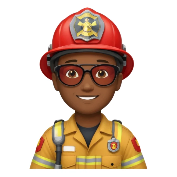 Young, male, dark skin, wearing sunglasses, firefighter uniform, happy sticker