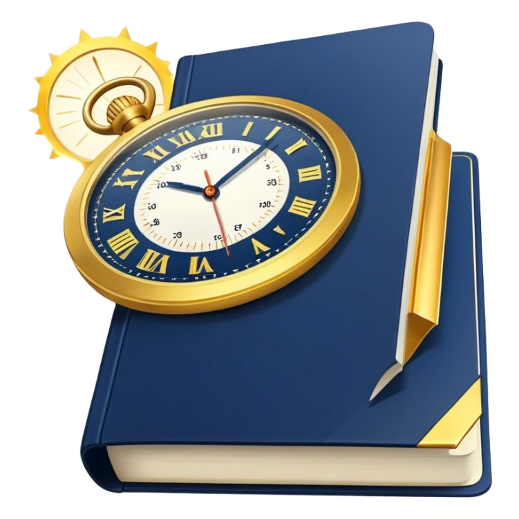A navy blue productivity book with gold details, running clock and chart with upward trend aura, radiating productivity, strategy, and success in motion with time and happiness yellow sticker