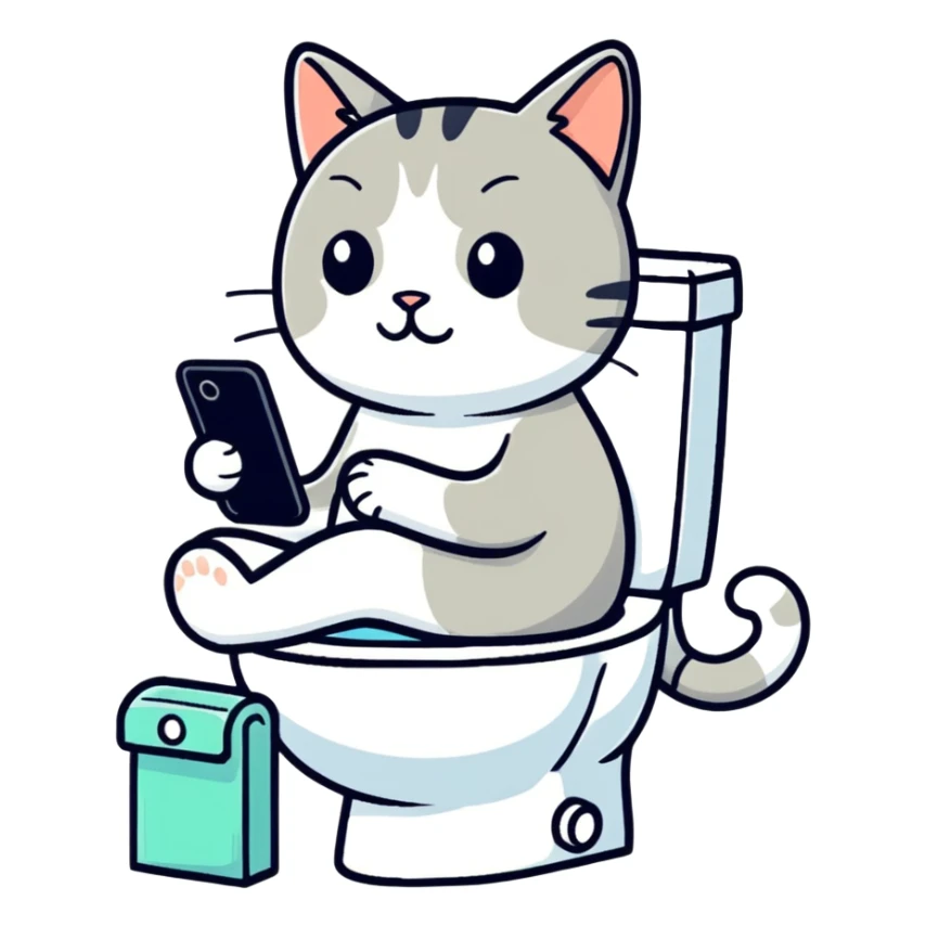 Gatito sentado en el inodoro viendo su celular  sticker