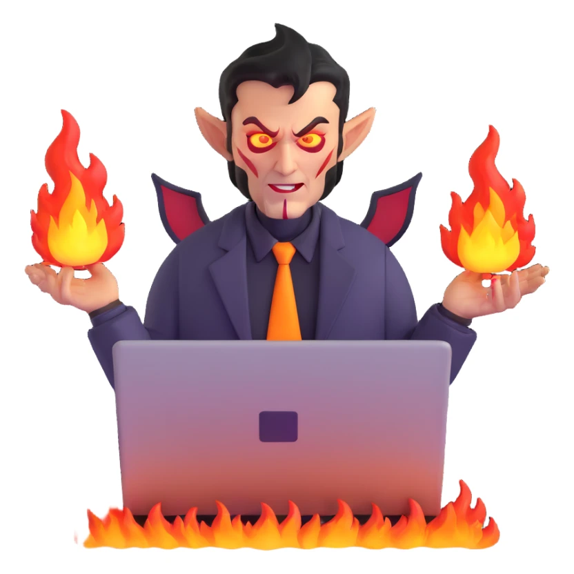 sinister demon salesman with laptop and fire effects sticker