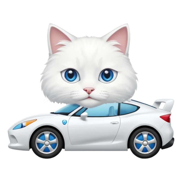 Please create a small emoji the size of 🚗 featuring a pure white cat with blue eyes on a white car side angle. sticker