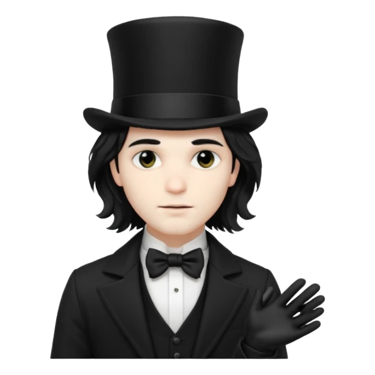Male Goth with Top short Hat
 Wavy shoulder-length hair, white skin, black suit and gloves, pale skin tone,  sticker