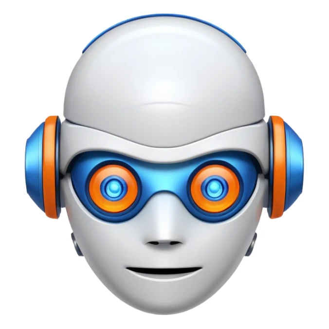 "Cartoon-style robot head with glowing blue eyes, white shell, orange-tipped arms, and blue gradient background" sticker